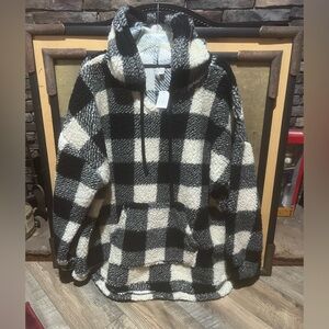 Cato Women’s Plus 22/24 Top Black Buffalo Plaid Sherpa Hoodie Kangaroo Pockets